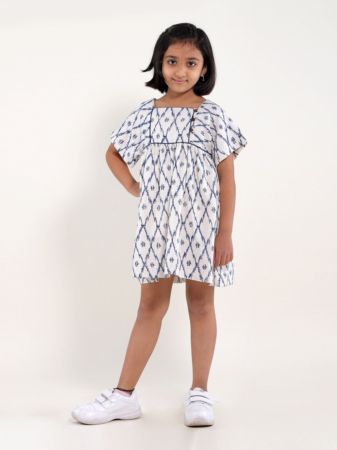 

My Little Lambs Girls Abstract Print Square Neck Short Sleeves A-Line Dress, Blue