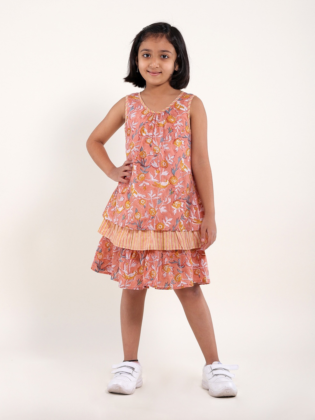 

My Little Lambs Girls Floral Print Round Neck Sleeveless A-Line Dress, Peach