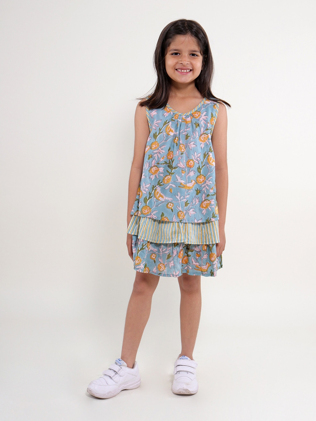 

My Little Lambs Girls Floral Print Round Neck Cotton A-Line Dress, Blue