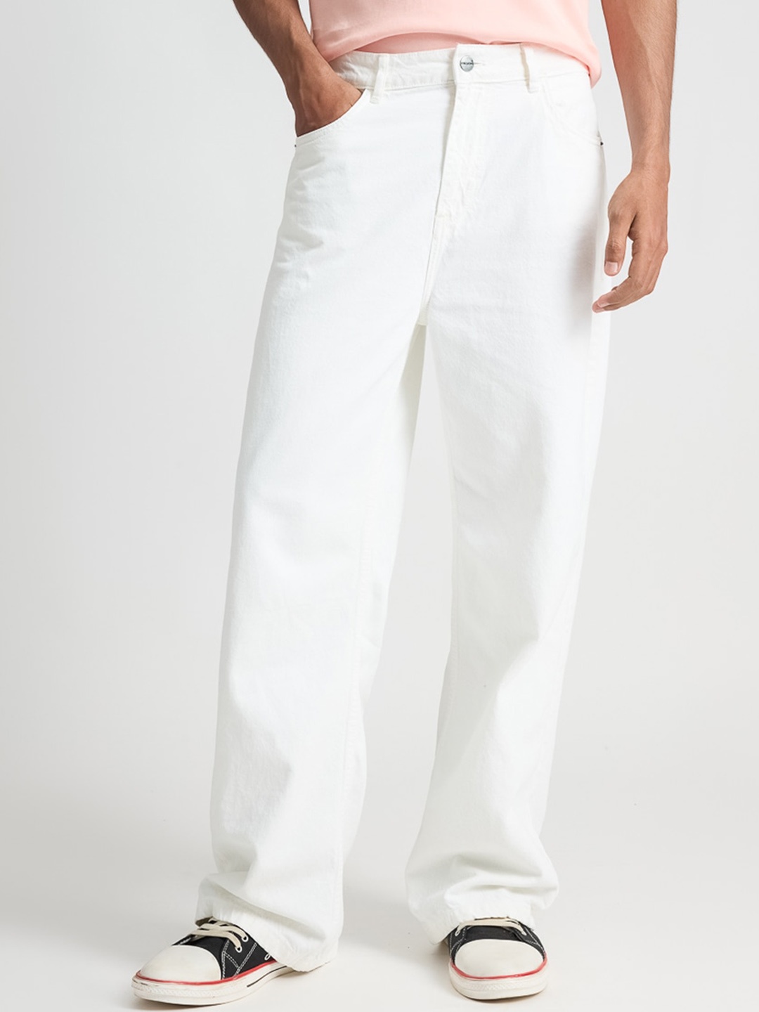 

FREAKINS Men Wide Leg High-Rise Clean Look Pure Cotton Jeans, White