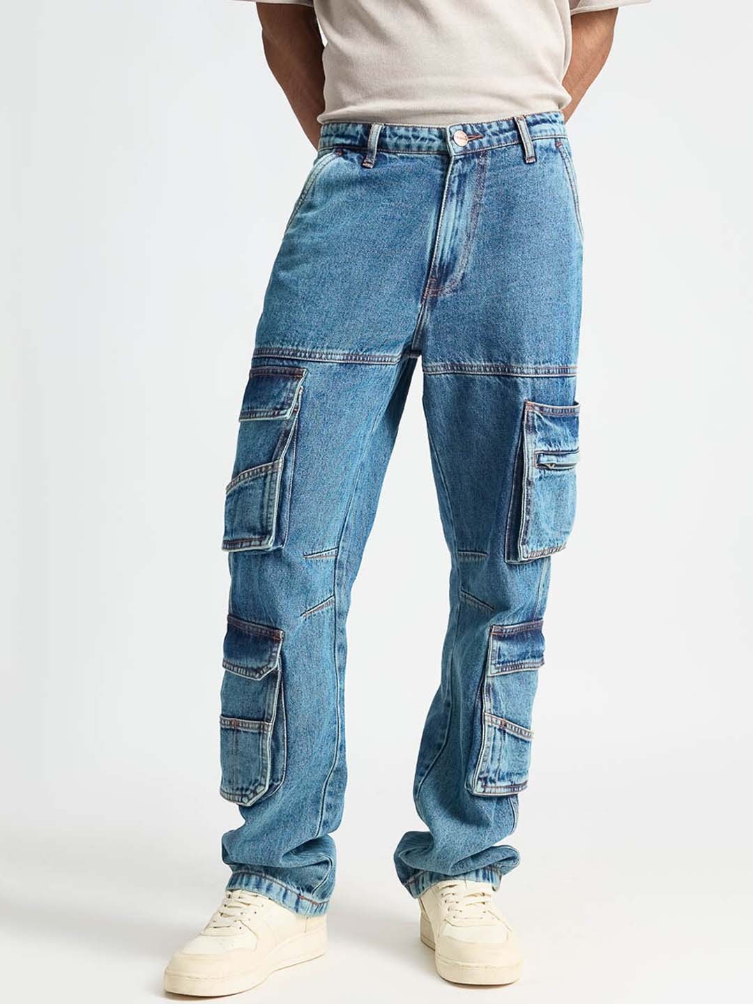 

FREAKINS Men High-Rise Clean Look Light Fade Cotton Cargos Jeans, Blue