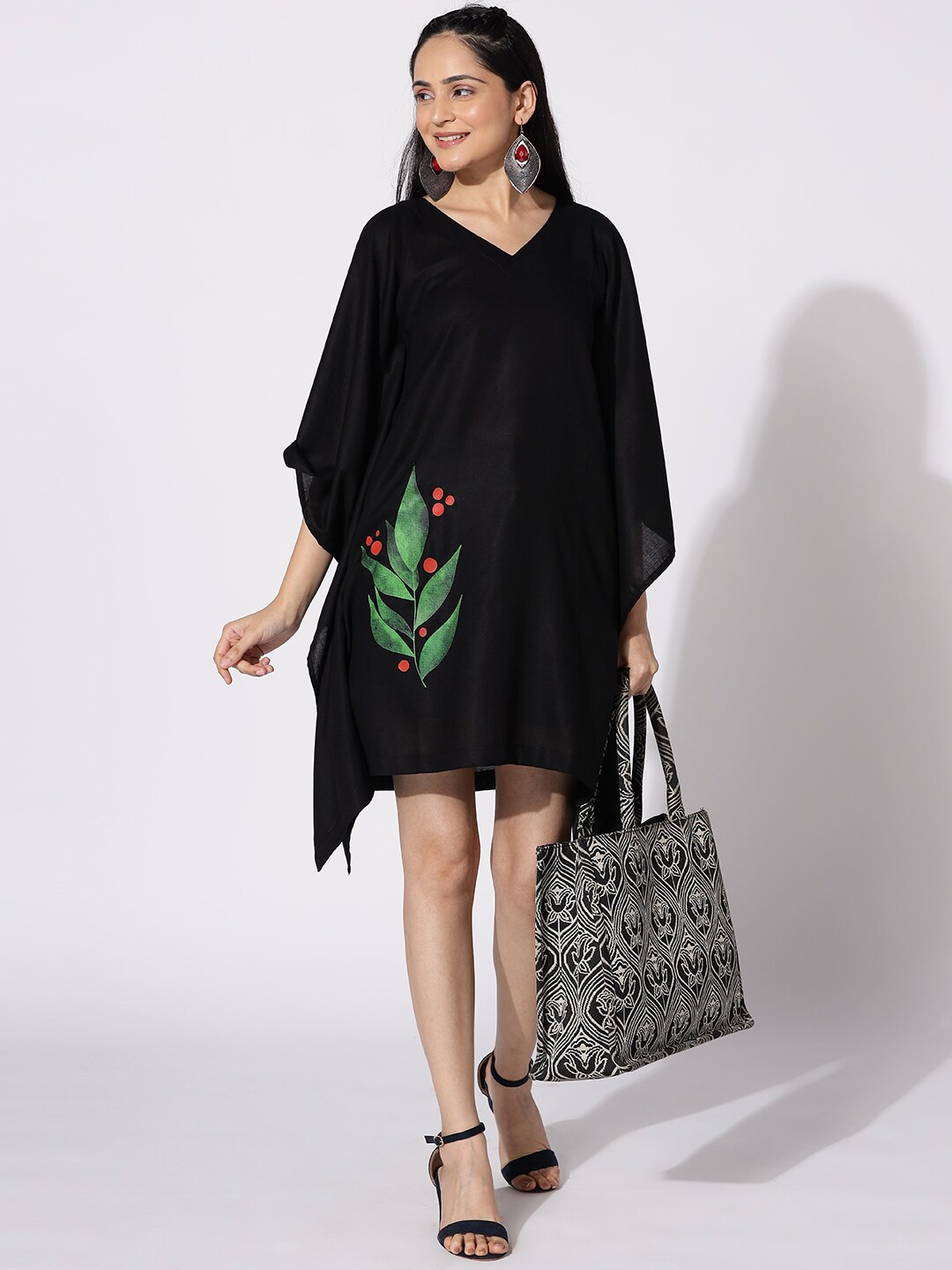 

LetsDressUp Floral Printed V-Neck Extended Sleeves Kaftan Dress, Black