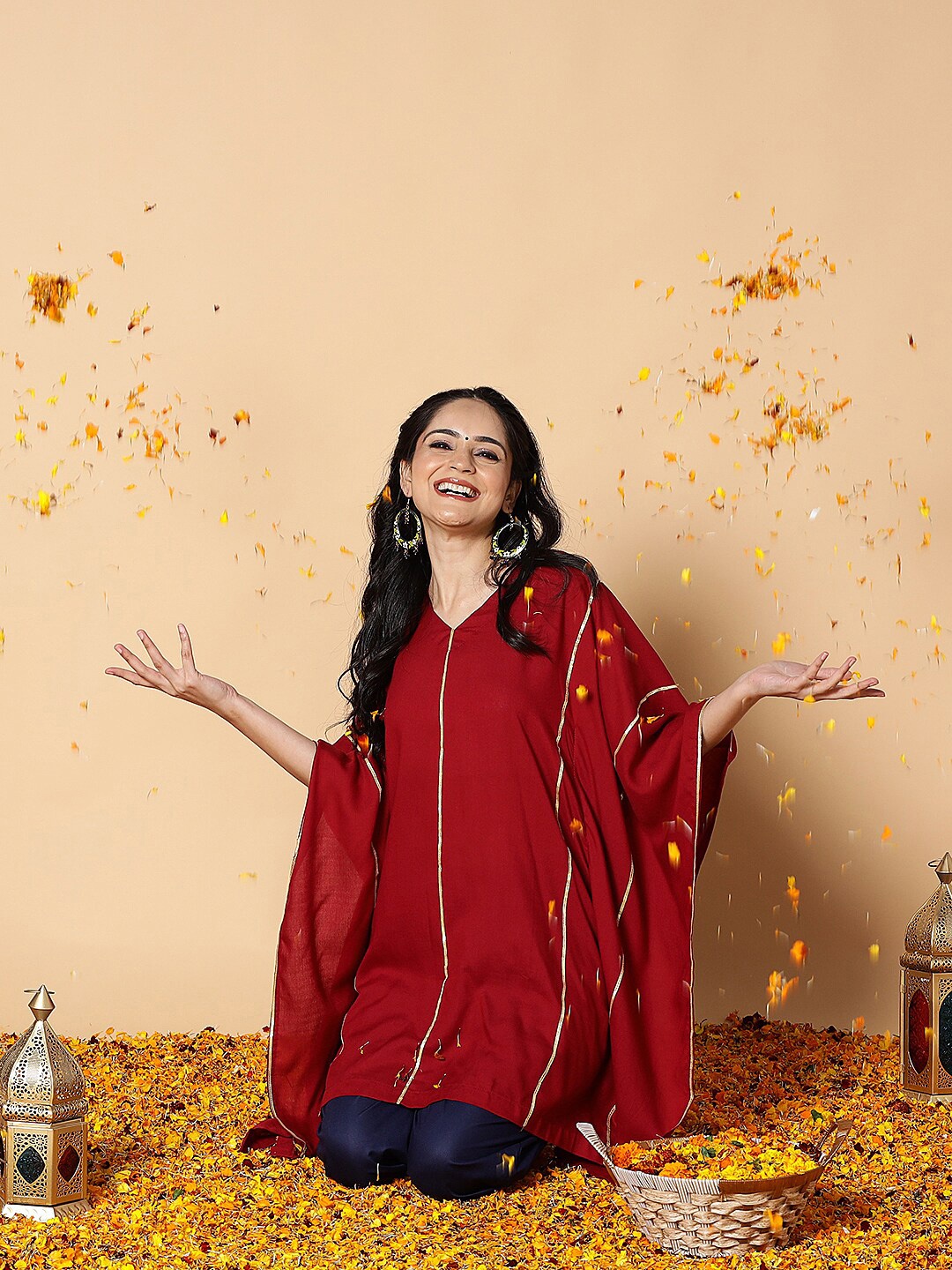 

LetsDressUp Printed V-Neck Pleated Kaftan Kurti, Maroon