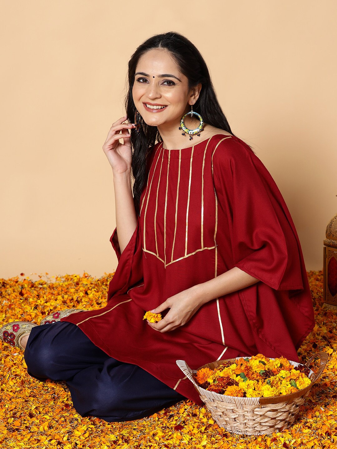 

LetsDressUp Printed Boat Neck Flared Sleeves Pleated Kaftan Kurti, Maroon