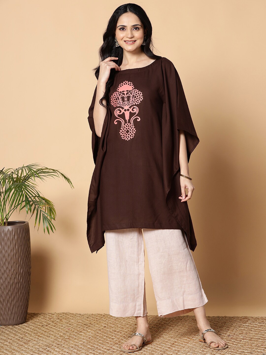 

LetsDressUp Floral Printed Boat Neck Pleated Kaftan Kurti, Coffee brown