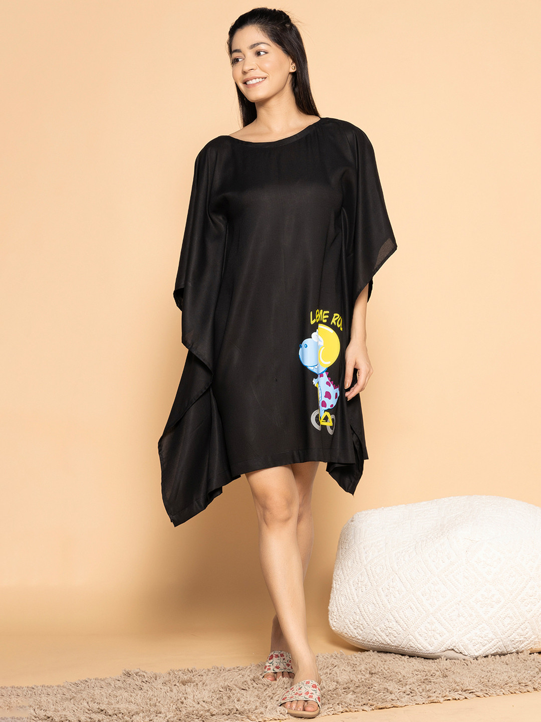 

LetsDressUp Graphic Printed Round Neck Kaftan Nightdress, Black