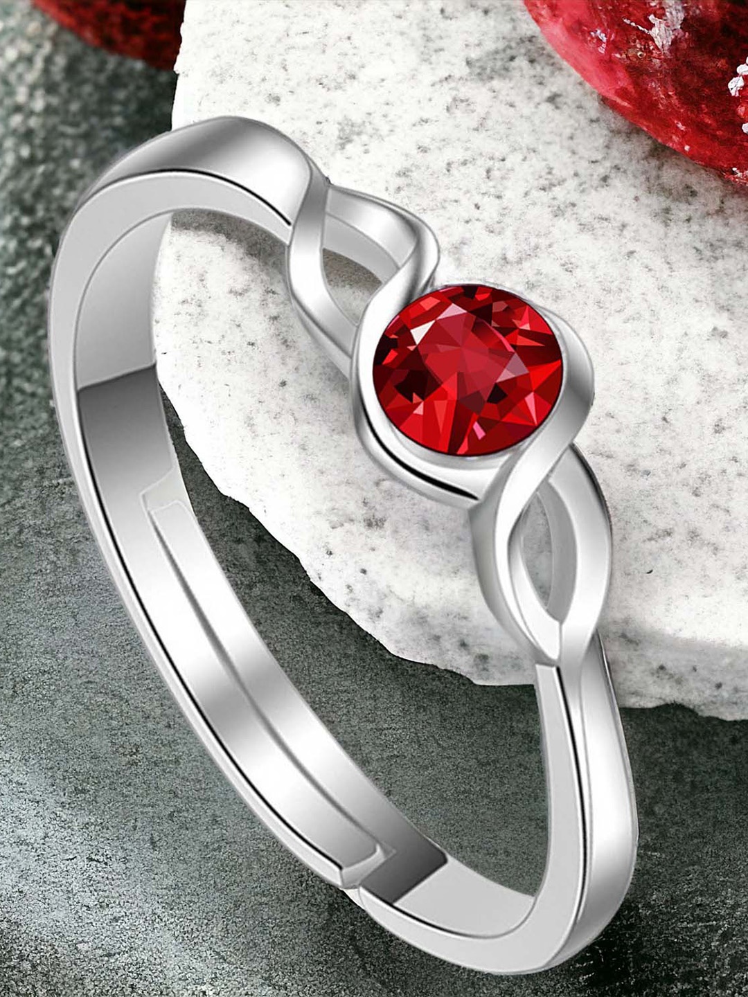 

Okos Rhodium-Plated Stone-Studded Finger Ring, Silver