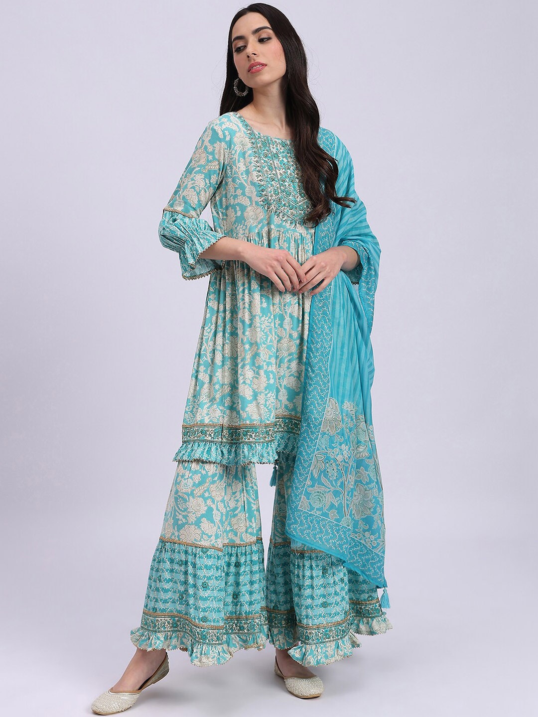 

Knitstudio Floral Embroidered Regular Mukaish Kurta With Sharara & Dupatta, Turquoise blue