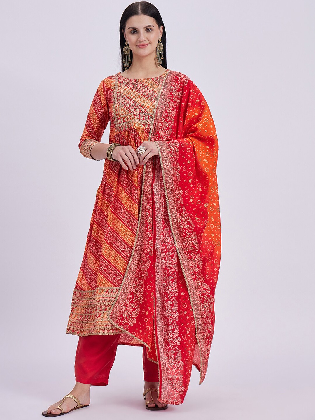 

Knitstudio Bandhani Embroidered Round Neck Three-Quarter Sleeves Cotton Silk Kurta Set, Red