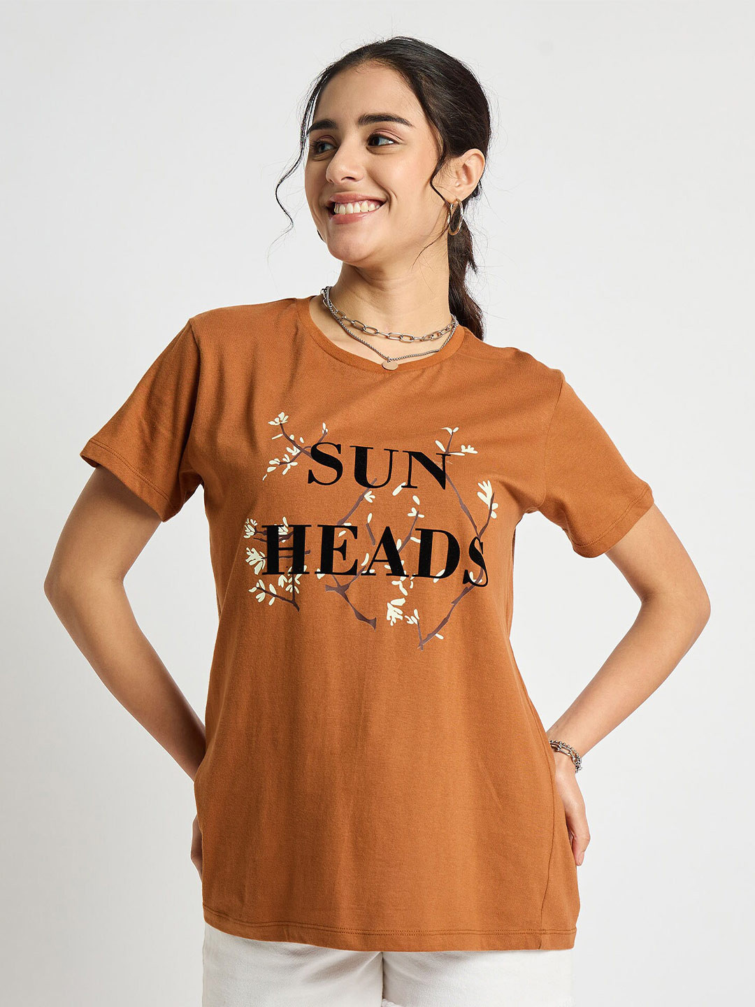 

EDRIO Typography Printed Cotton Oversized T-shirt, Brown