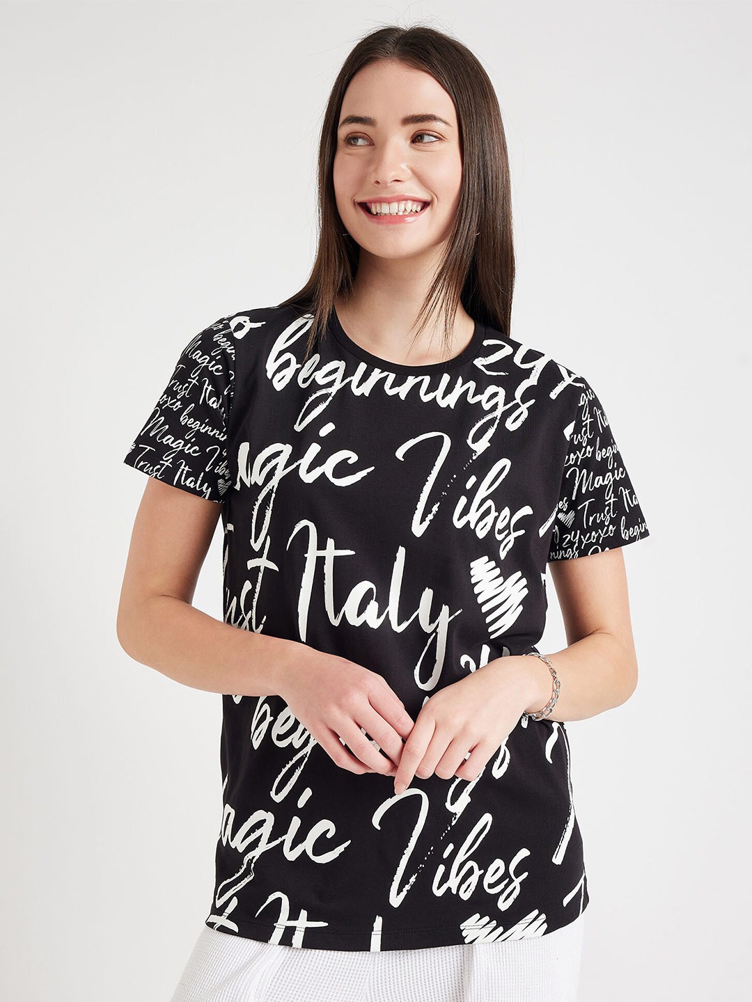 

EDRIO Typography Printed Cotton T-shirt, Black