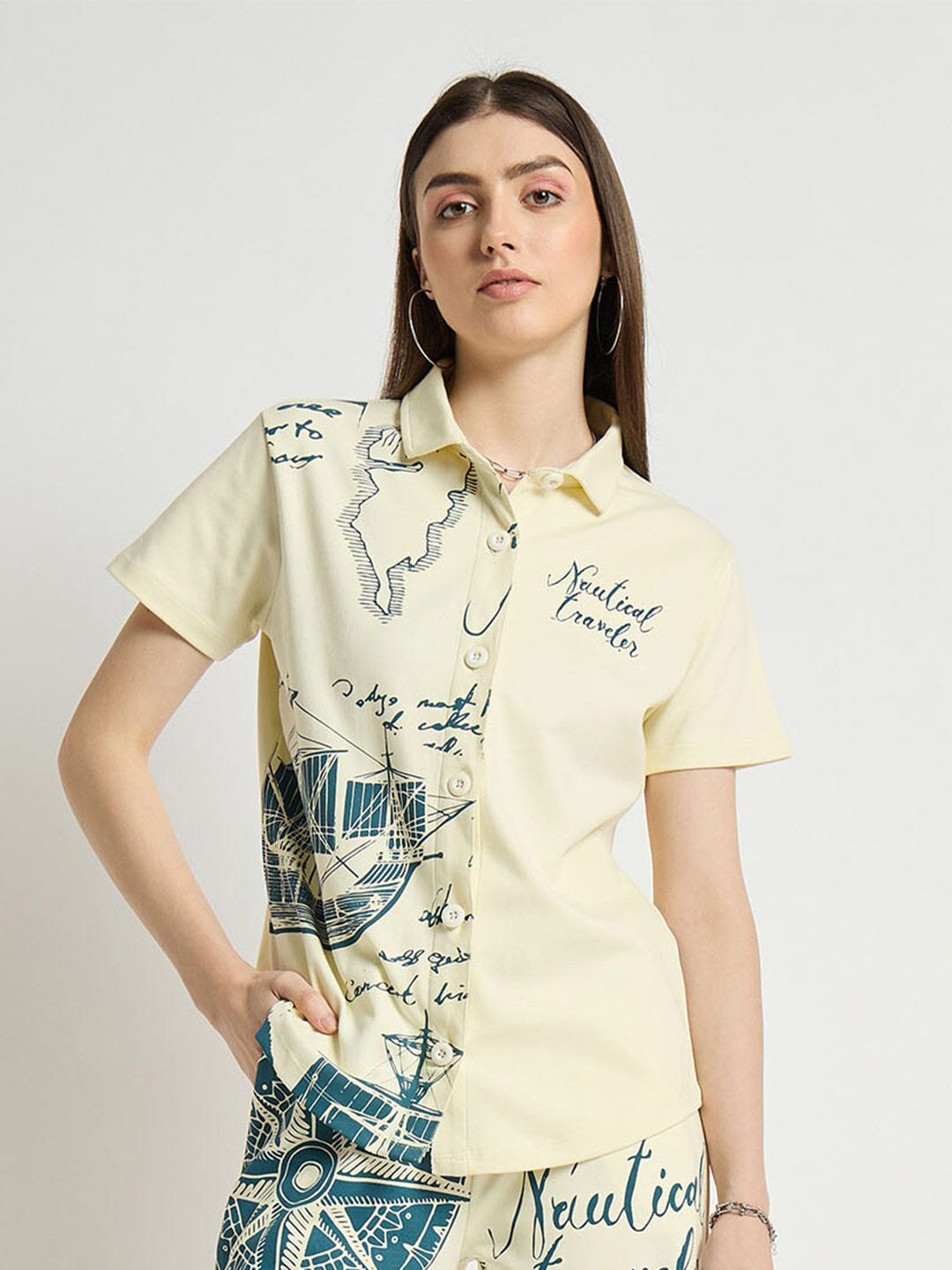

EDRIO Typography Printed Polo Collar Cotton Extended Sleeves T-shirt, Cream