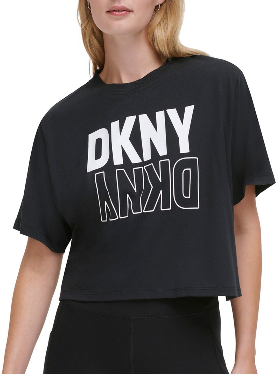 

DKNY Women Typography Printed Pure Cotton Boxy T-shirt, Black