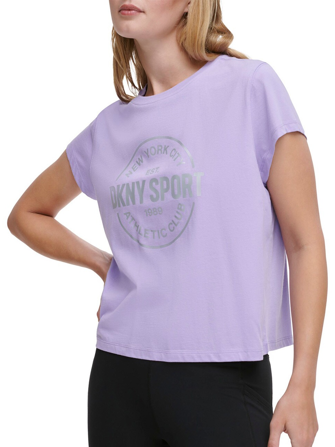 

DKNY Typography Printed Short Sleeves Pure Cotton Boxy T-shirt, Purple