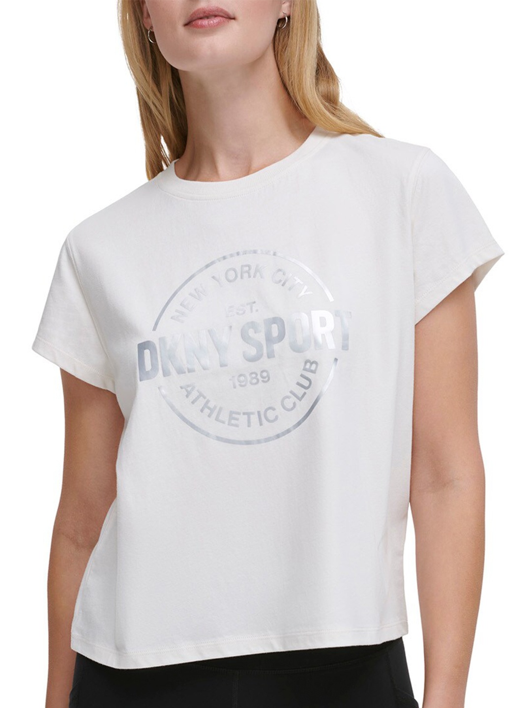 

DKNY Typography Printed Round Neck Short Sleeves Pure Cotton Boxy T-shirt, Off white