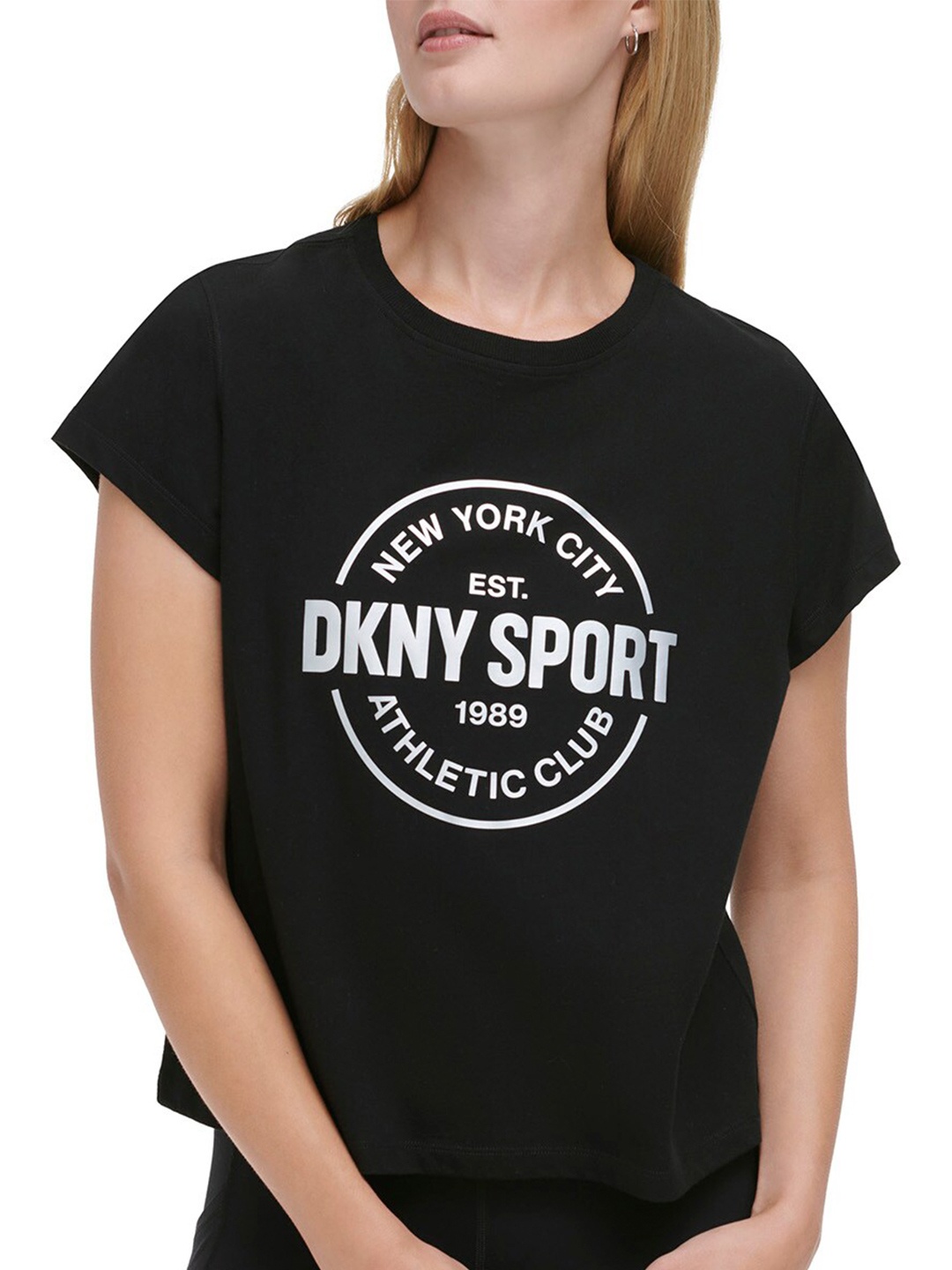 

DKNY Women Typography Printed Extended Sleeves Pure Cotton Boxy T-shirt, Black