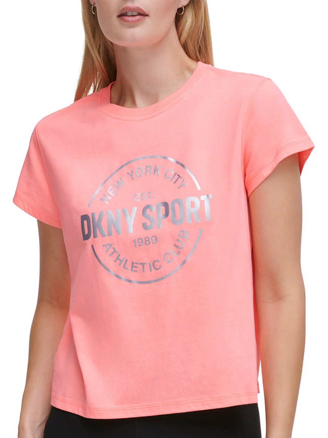 

DKNY Typography Printed Round Neck Short Sleeves Pure Cotton Boxy T-shirt, Pink