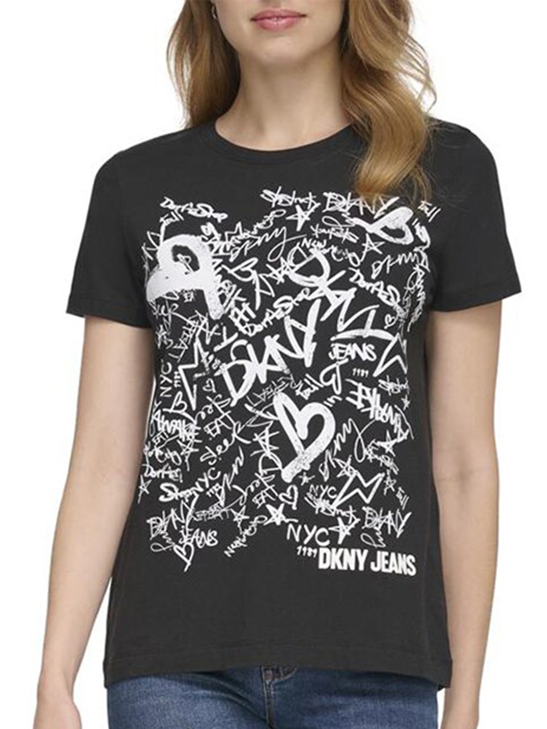 

DKNY Graphic Printed Round Neck Short Sleeves Cotton T-shirt, Black