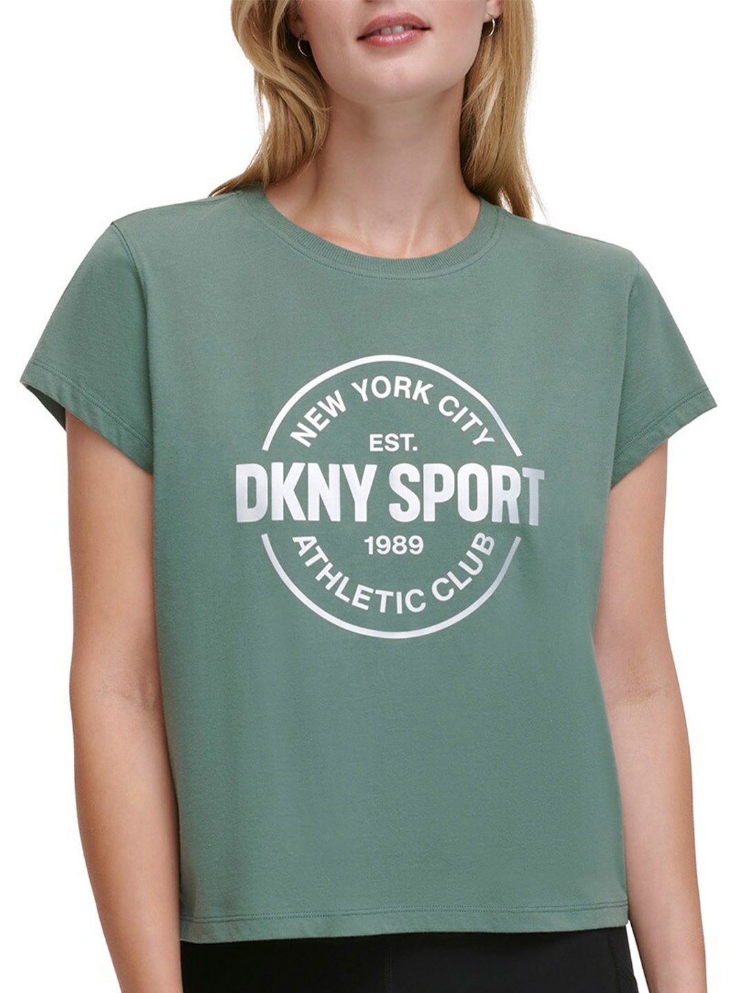 

DKNY Typography Printed Round Neck Short Sleeves Pure Cotton Boxy T-shirt, Green