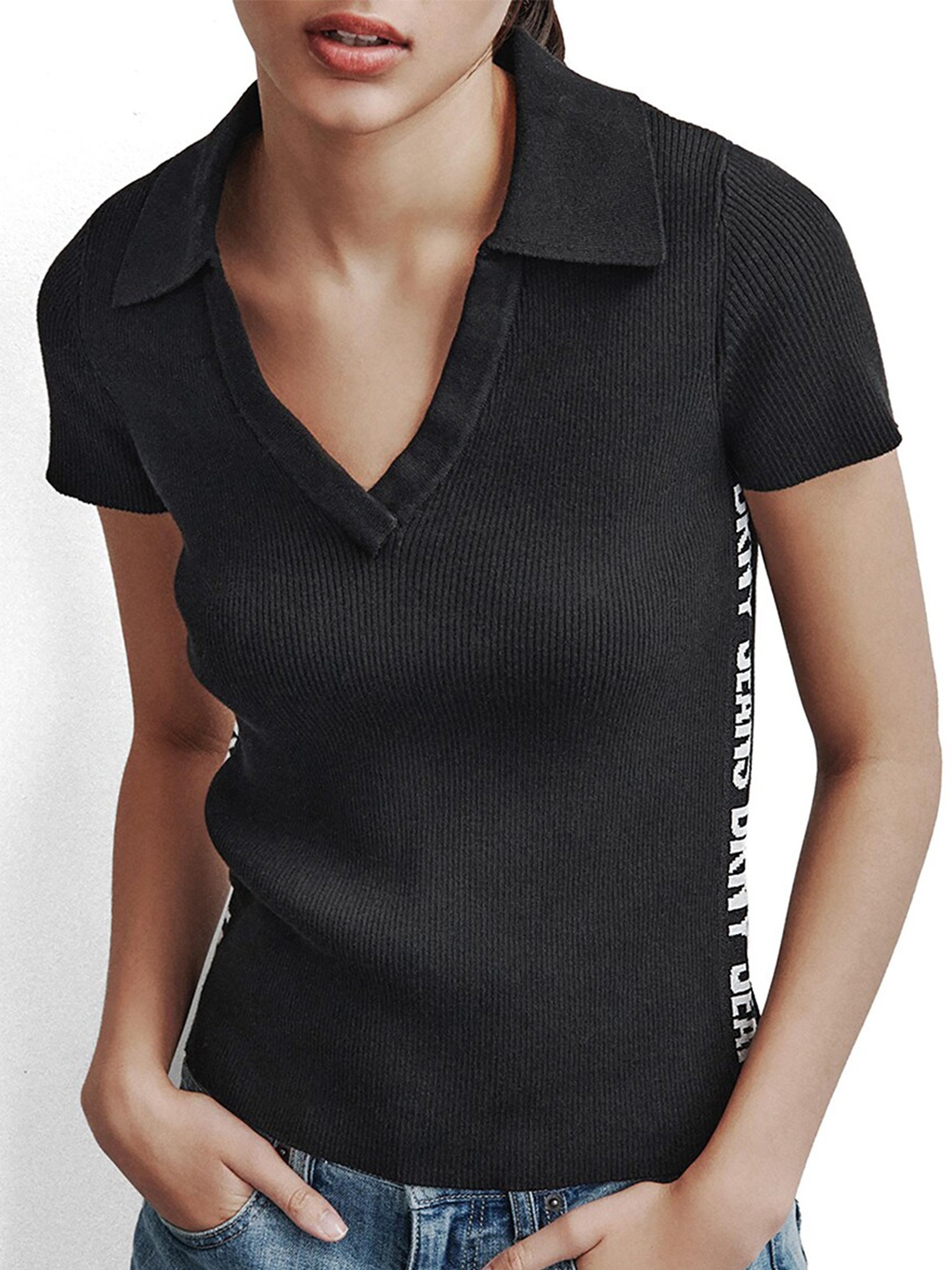

DKNY Polo Collar Short Sleeves Cotton T-shirt, Black