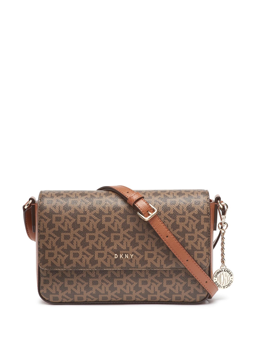 

DKNY Typography Printed Structured Sling Bag, Brown