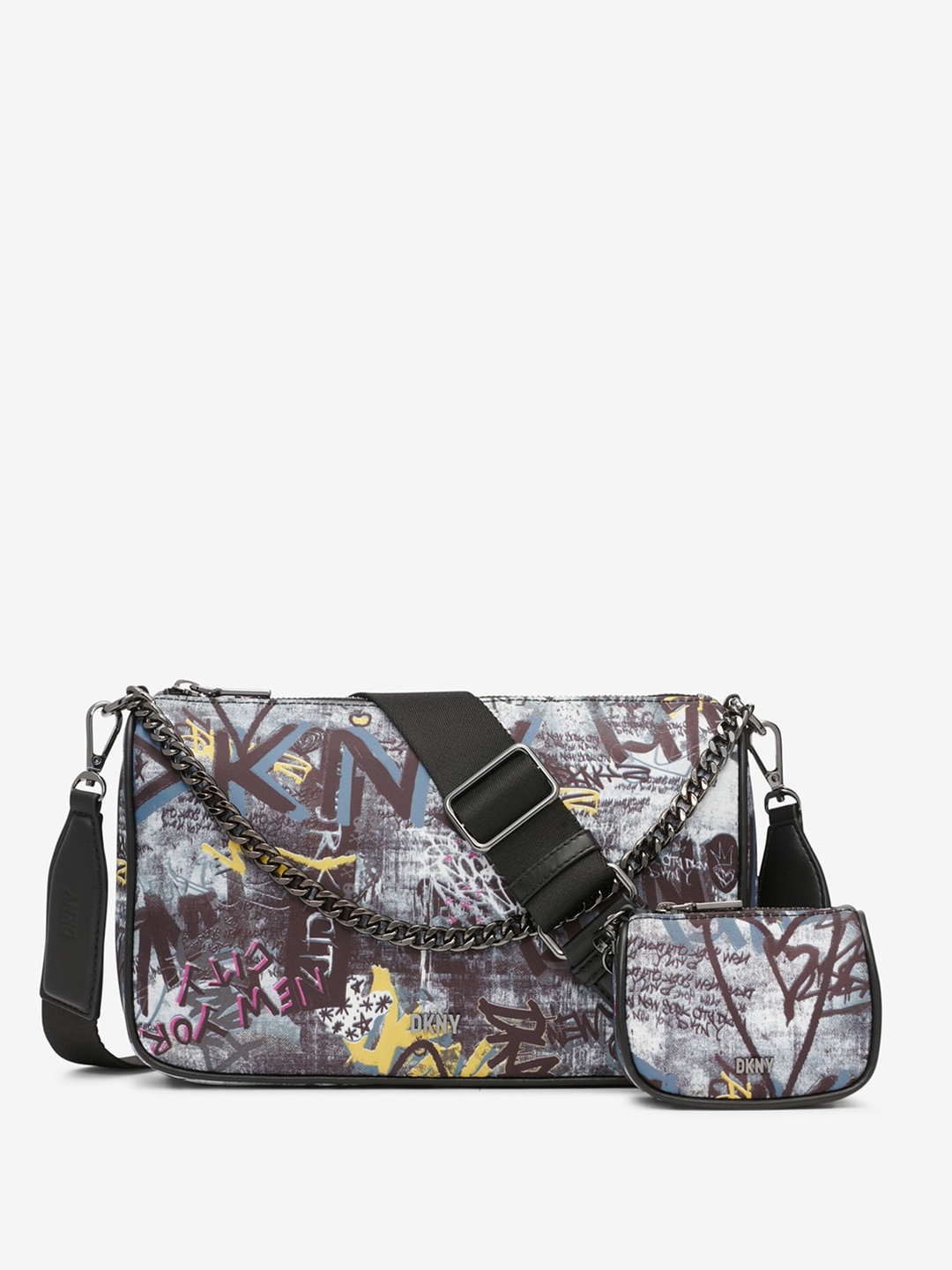 

DKNY Typography Printed Structured Sling Bag, Black