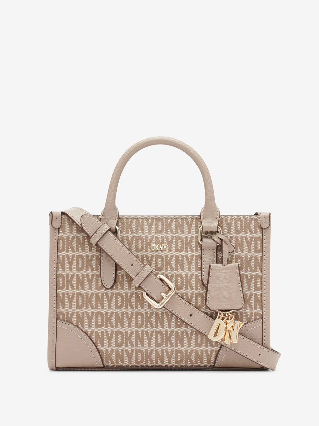

DKNY Typography Printed Structured Handheld Bag, Beige