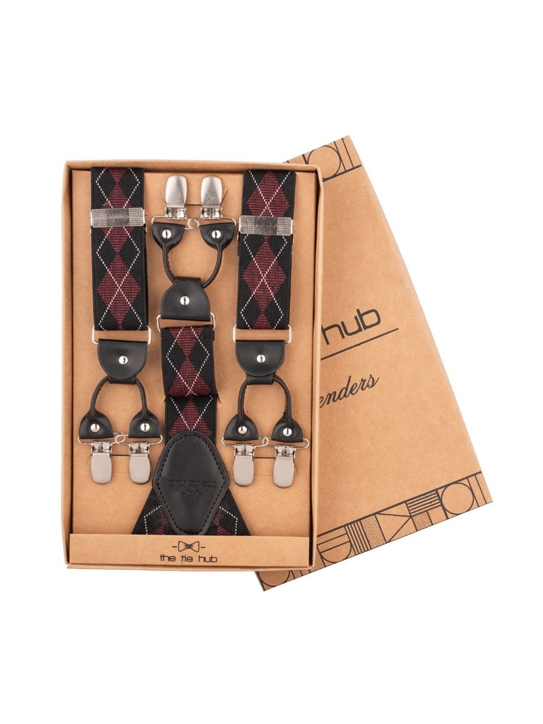 

The Tie Hub Checked Y Back Clip On Suspender, Burgundy