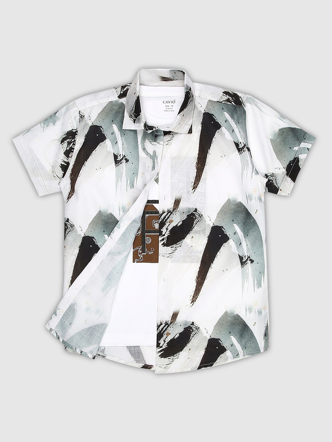 

CAVIO Boys Comfort Abstract Printed Spread Collar Casual Shirt With T-shirt, White