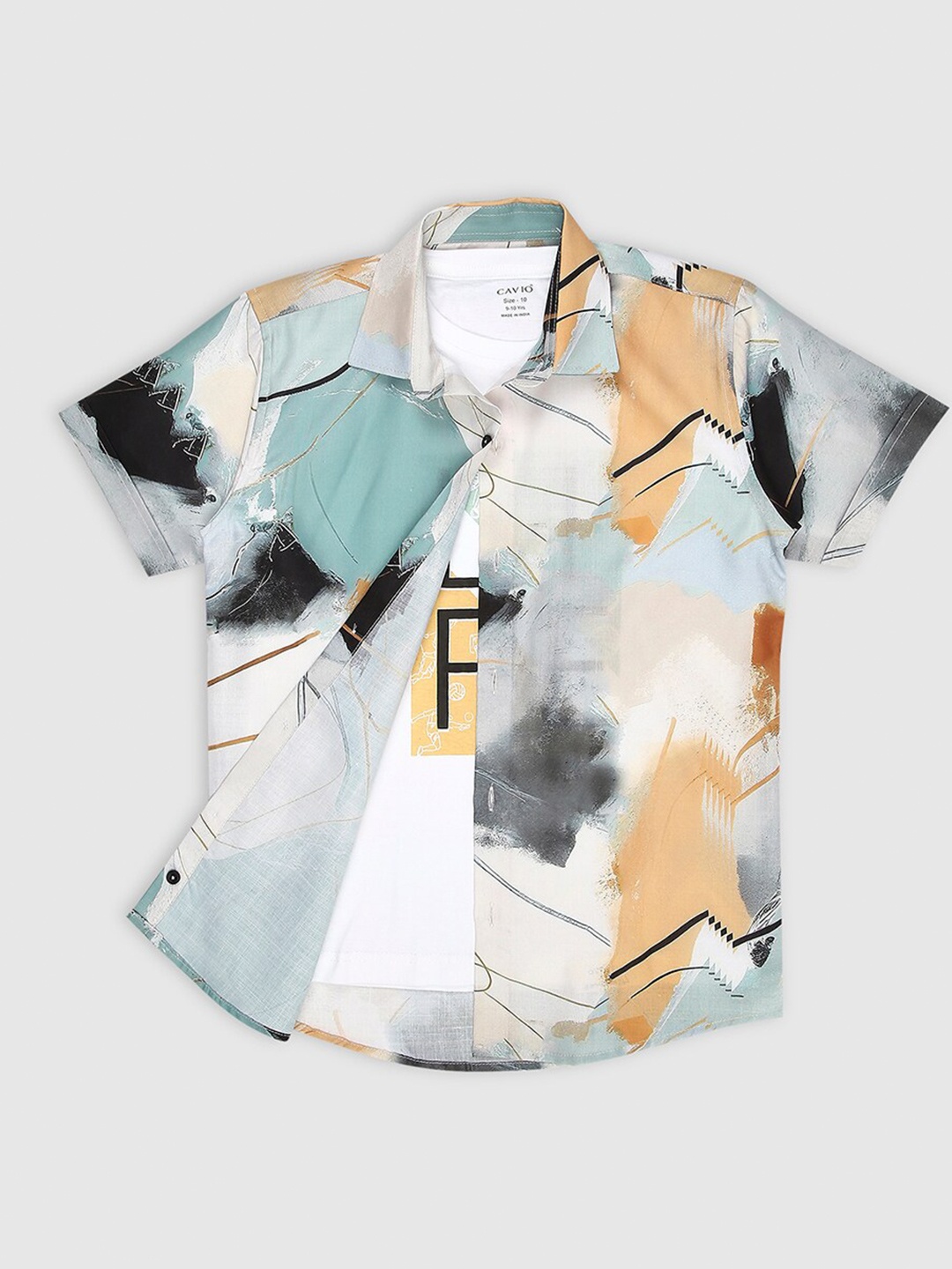 

CAVIO Boys Abstract Printed Spread Collar Short Sleeves Casual Shirt & T-Shirt, Green