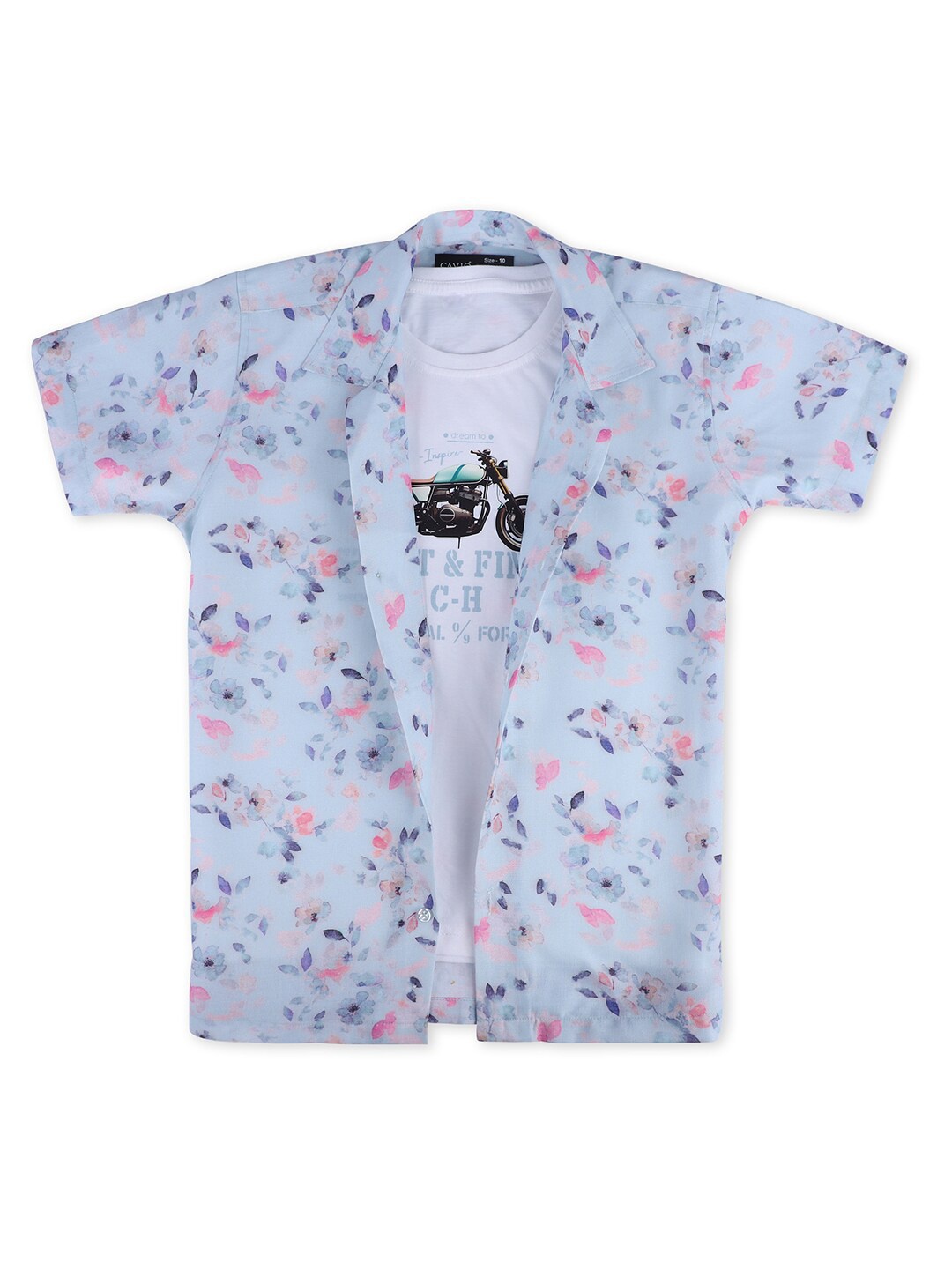 

CAVIO Boys Comfort Floral Printed Spread Collar Short Sleeves Casual Shirt With T-shirt, Blue