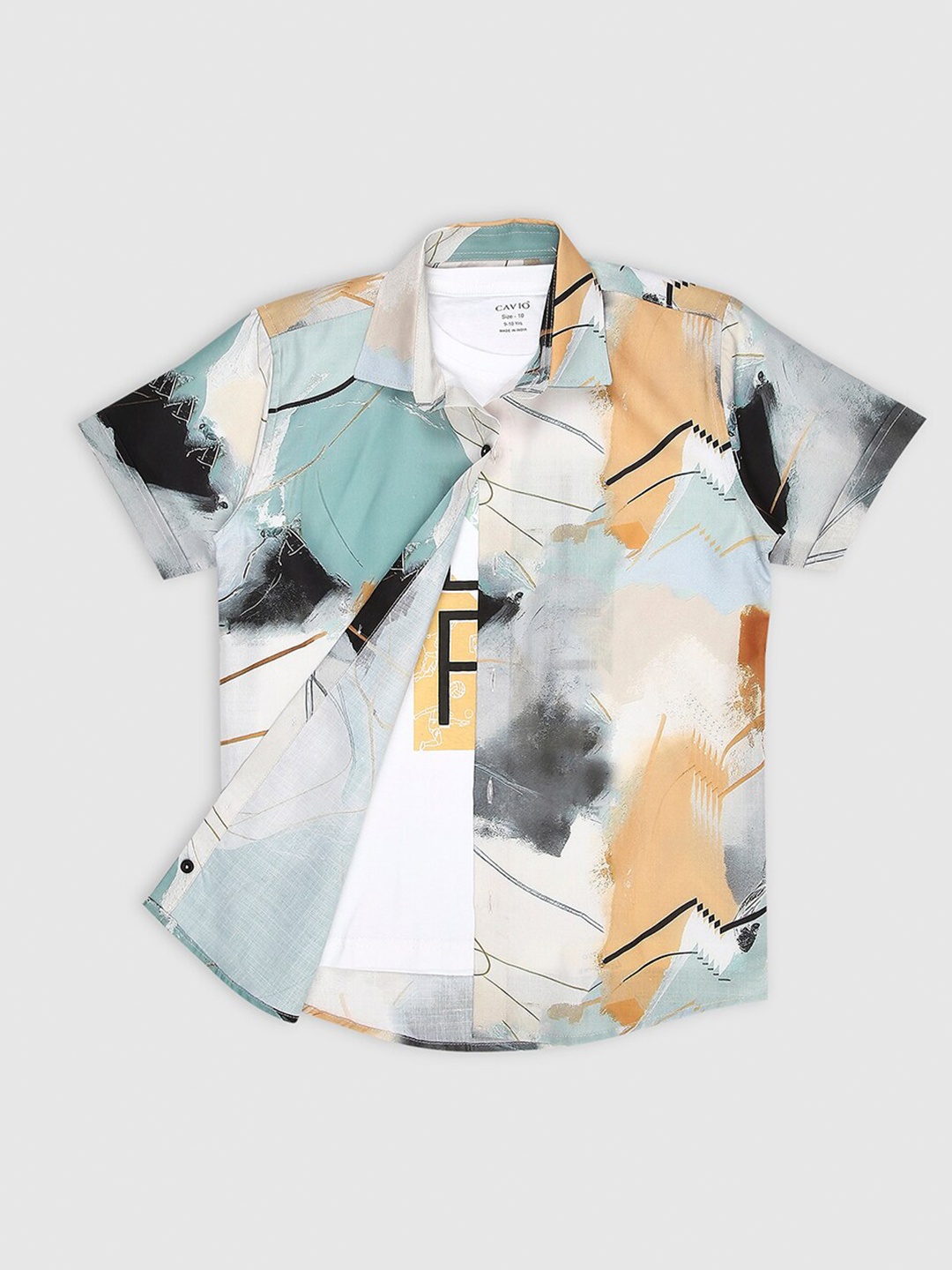 

CAVIO Boys Comfort Abstract Printed Spread Collar Short Sleeves Casual Shirt With T-shirt, Green