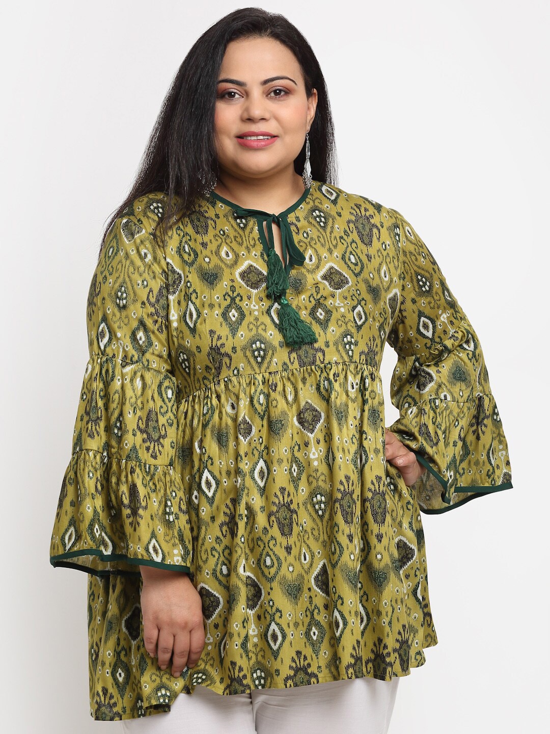 

sindrellastorie Tie Up Neck Long Flared Sleeves Ethnic Print Pure Cotton Plus Size Kurti, Green