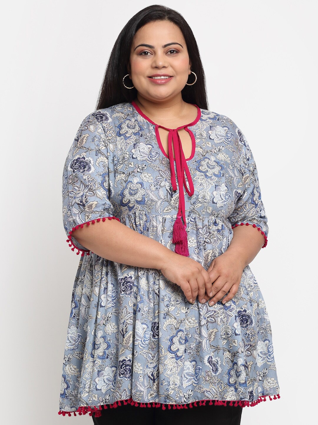 

sindrellastorie Tie Up Neck Short Sleeves Floral Print A Line Pure Cotton Plus Size Kurti, Grey