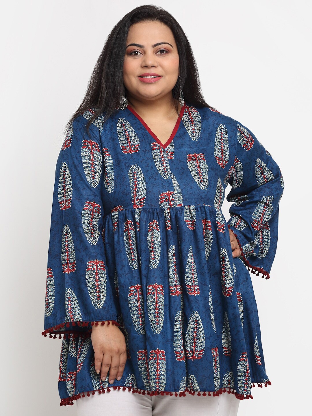 

sindrellastorie Printed V-Neck Flared Sleeves Pure Cotton Plus Size Kurti, Blue