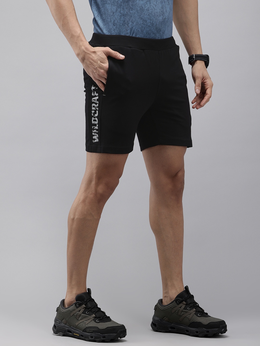 

Wildcraft Men Brand Logo Printed Pure Cotton Outdoor Shorts, Black