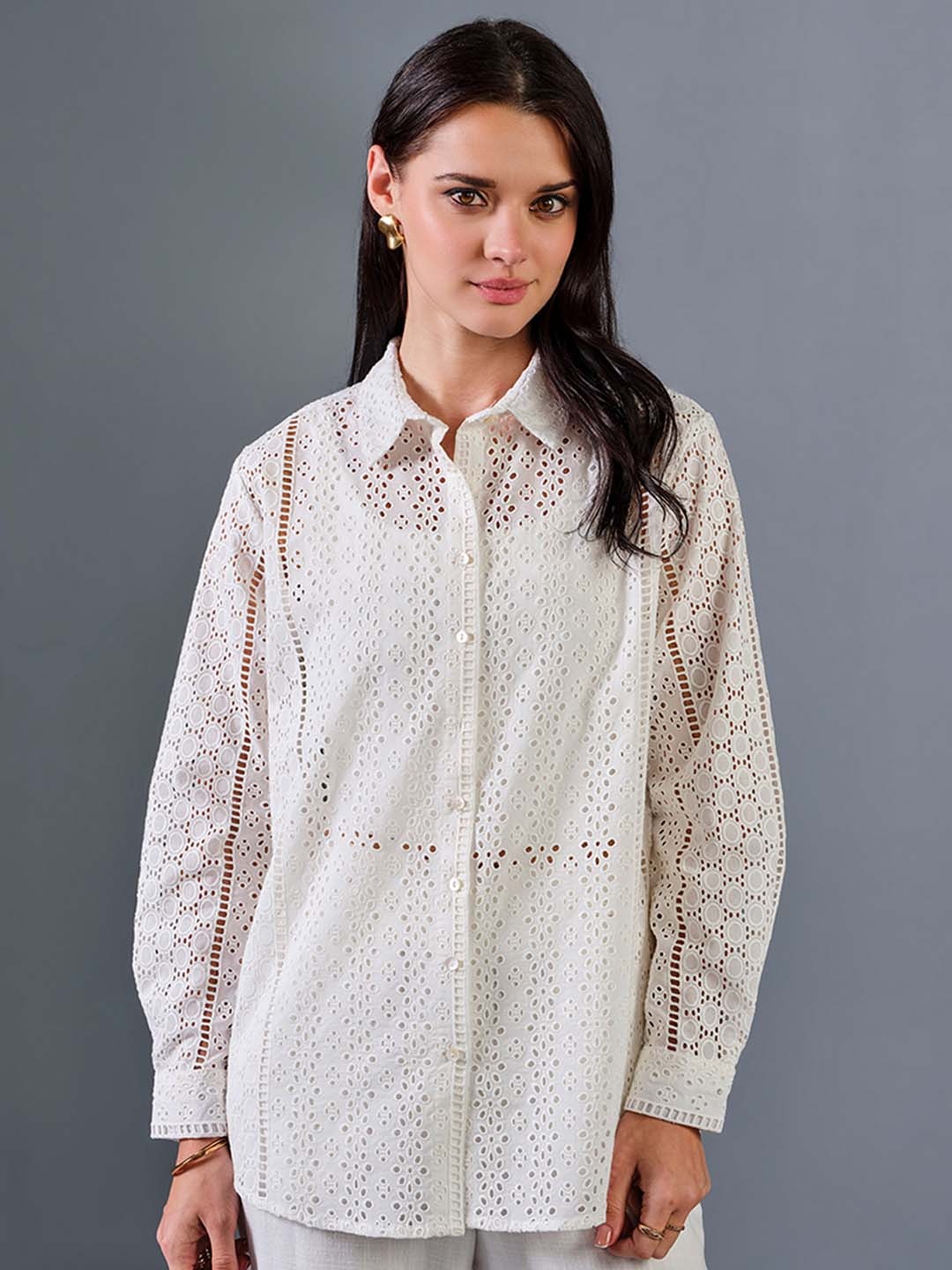 

AND Abstract Printed Spread Collar Pure Cotton Casual Shirt, White