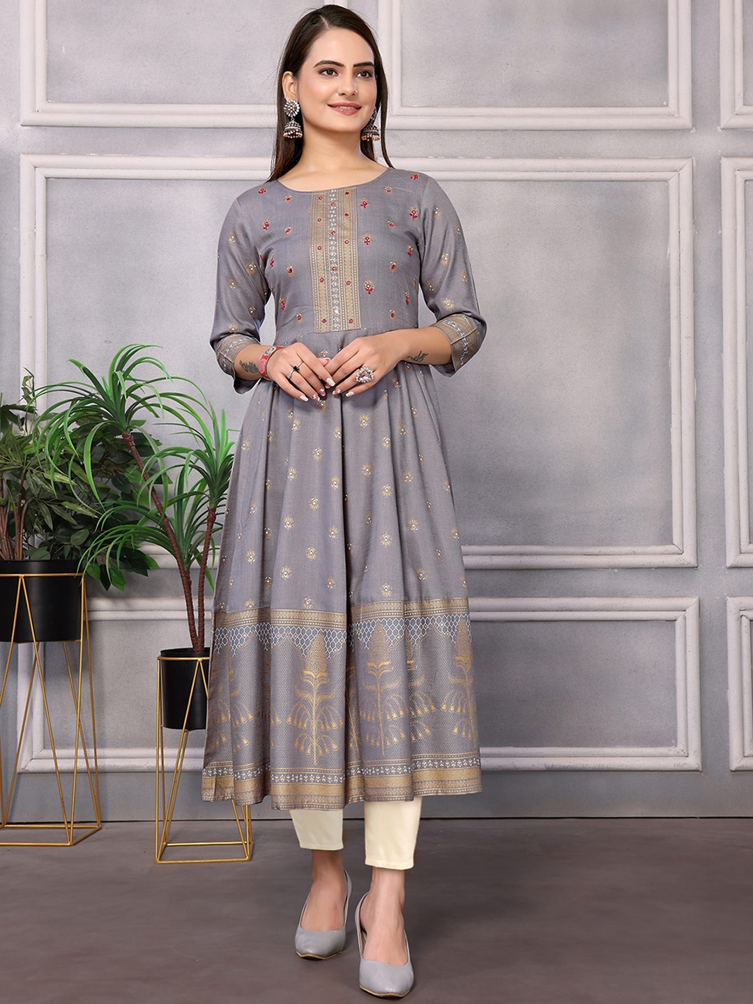 

Rangita Round Neck Floral Printed Mirror Work Anarkali Kurta with Trouser, Grey
