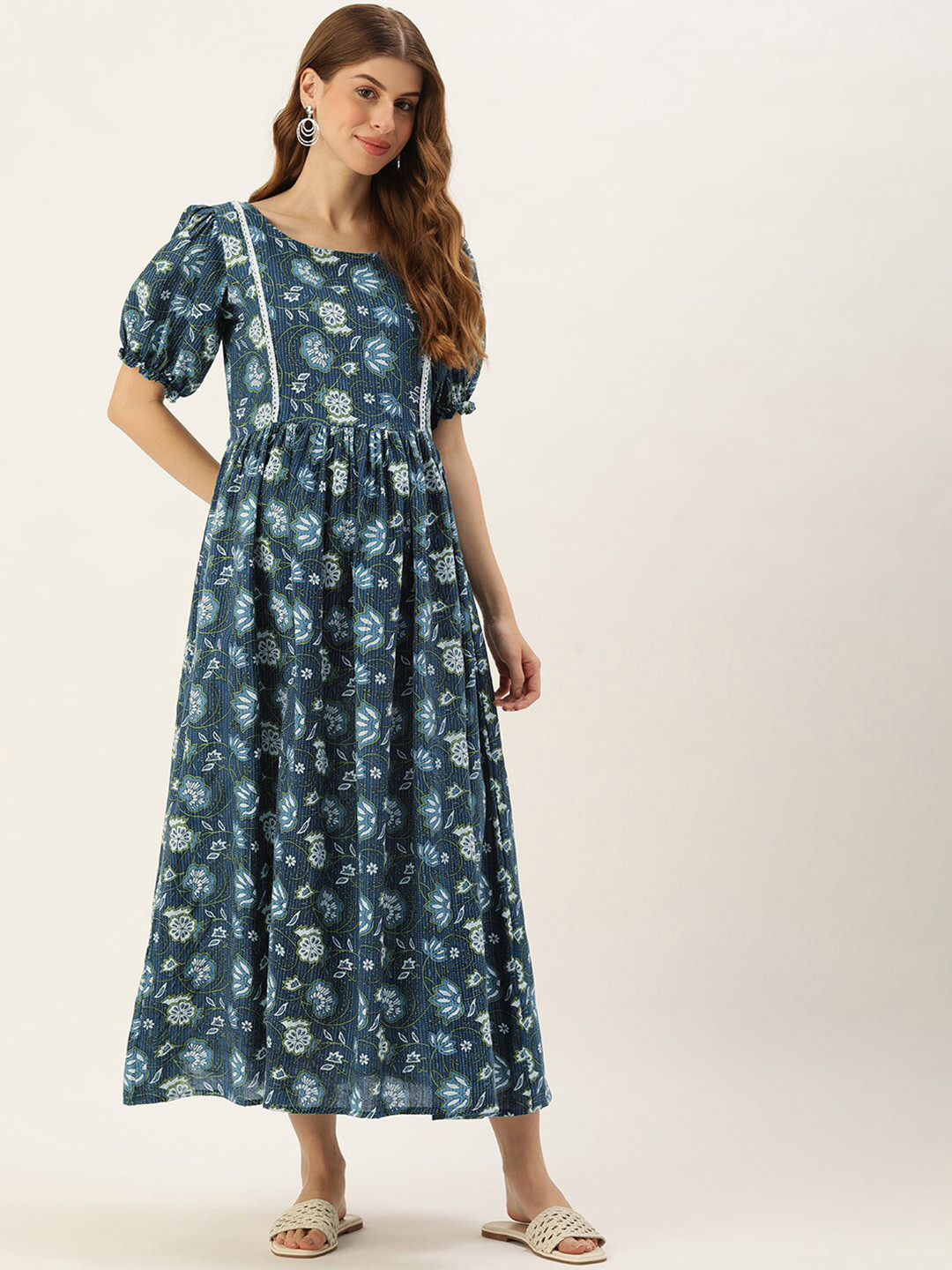 

Vinya Floral Printed Maternity A-Line Midi Dress, Turquoise blue