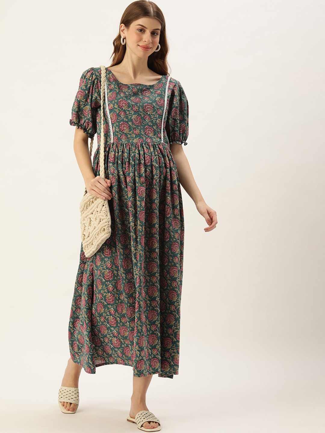

Vinya Floral Printed Maternity A-Line Maxi Dress, Teal