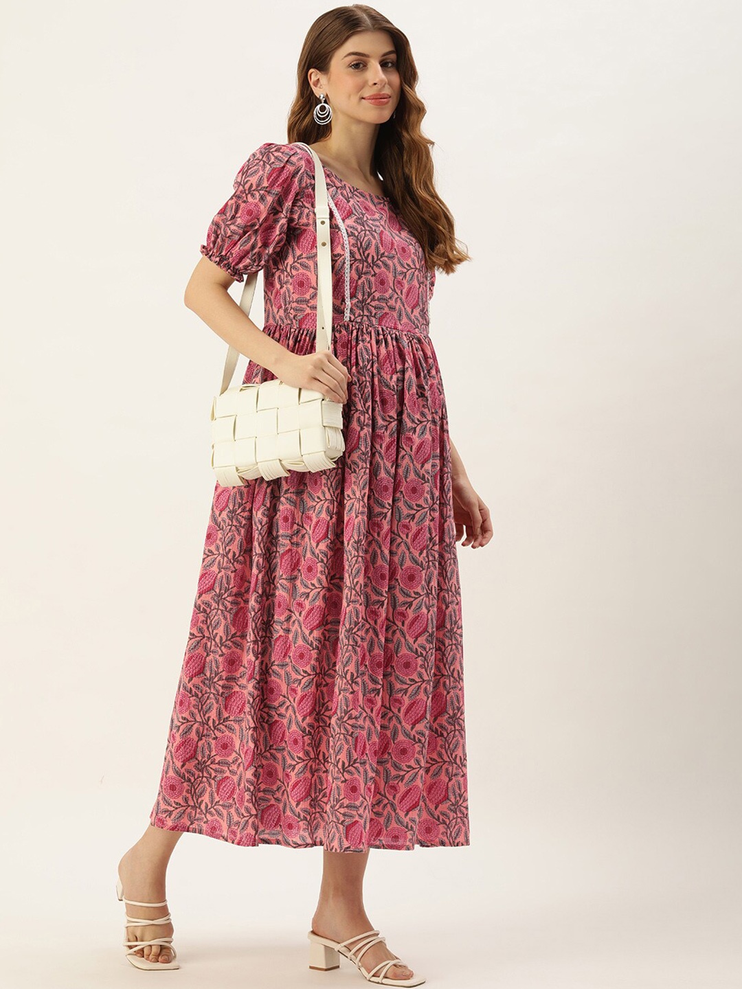 

Vinya Floral Printed Puff Sleeves Maternity A-Line Midi Dress, Pink