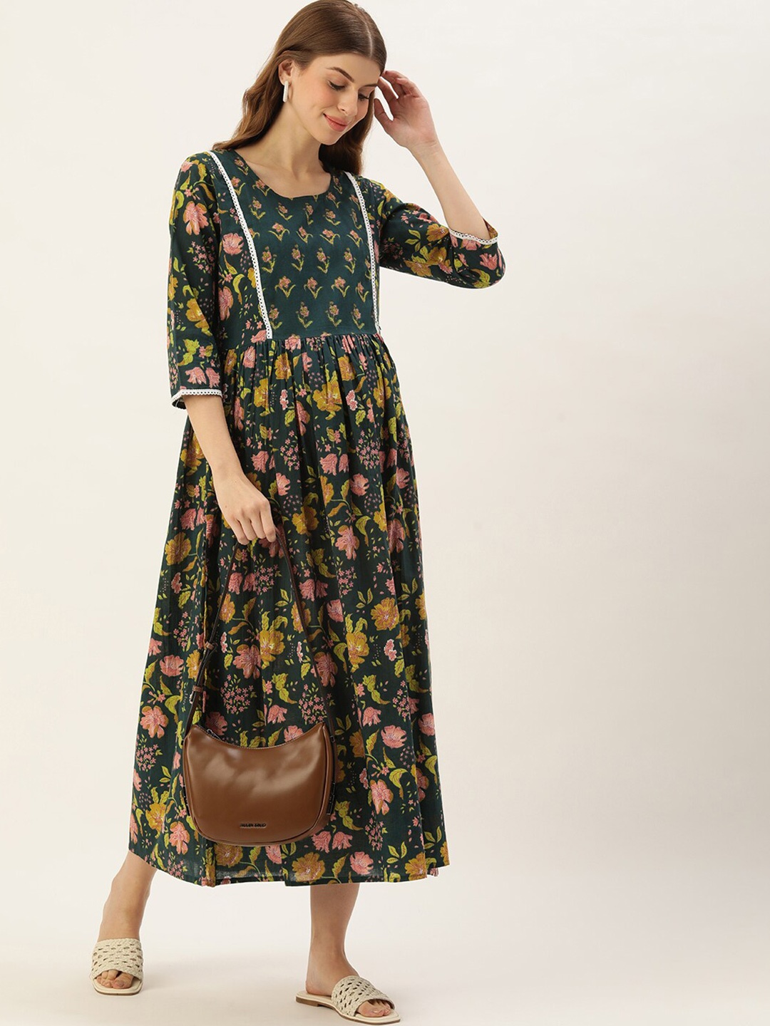 

Vinya Floral Printed Maternity A-Line Maxi Dress, Green