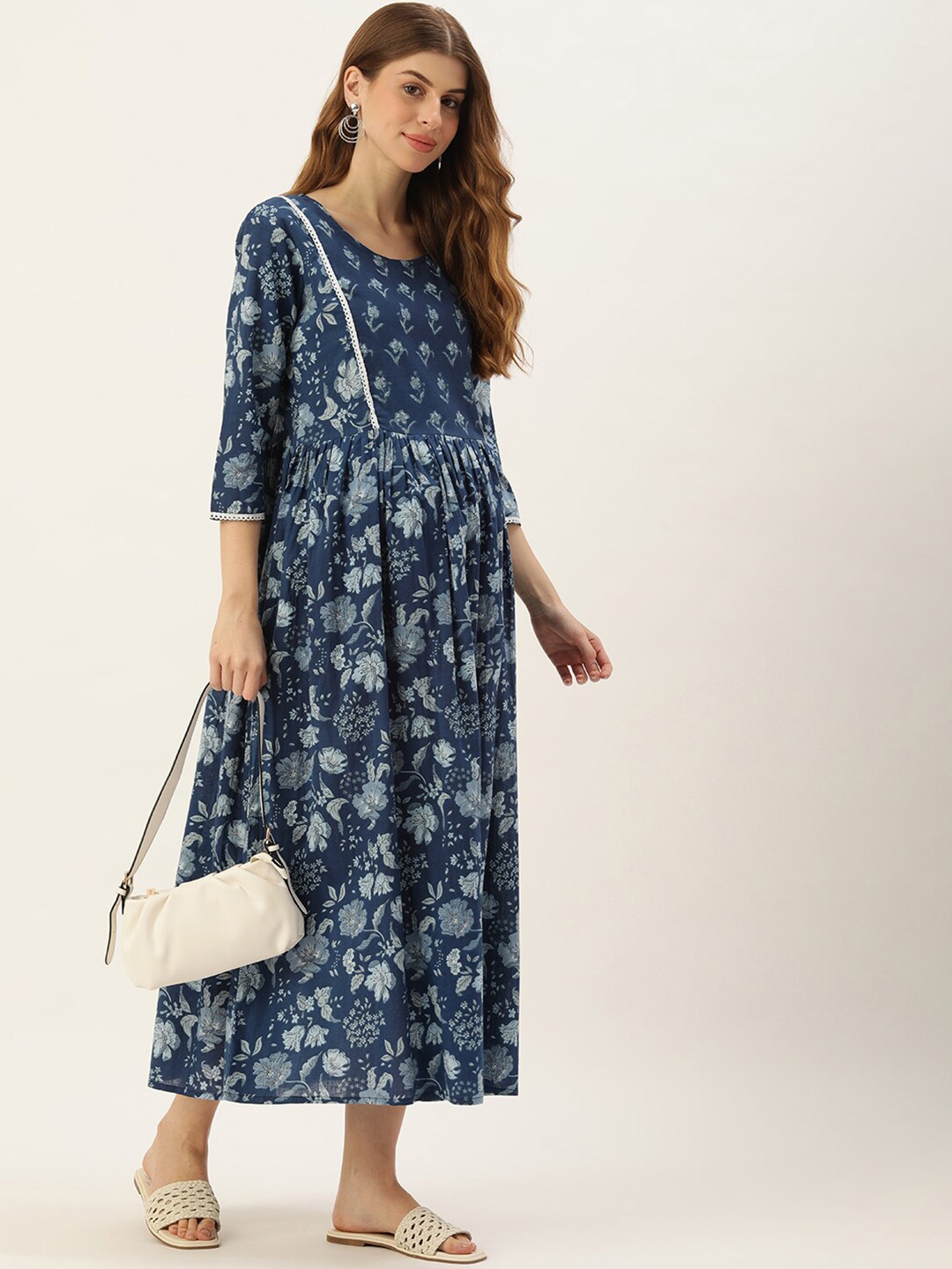 

Vinya Floral Printed Maternity A-Line Maxi Dress, Blue