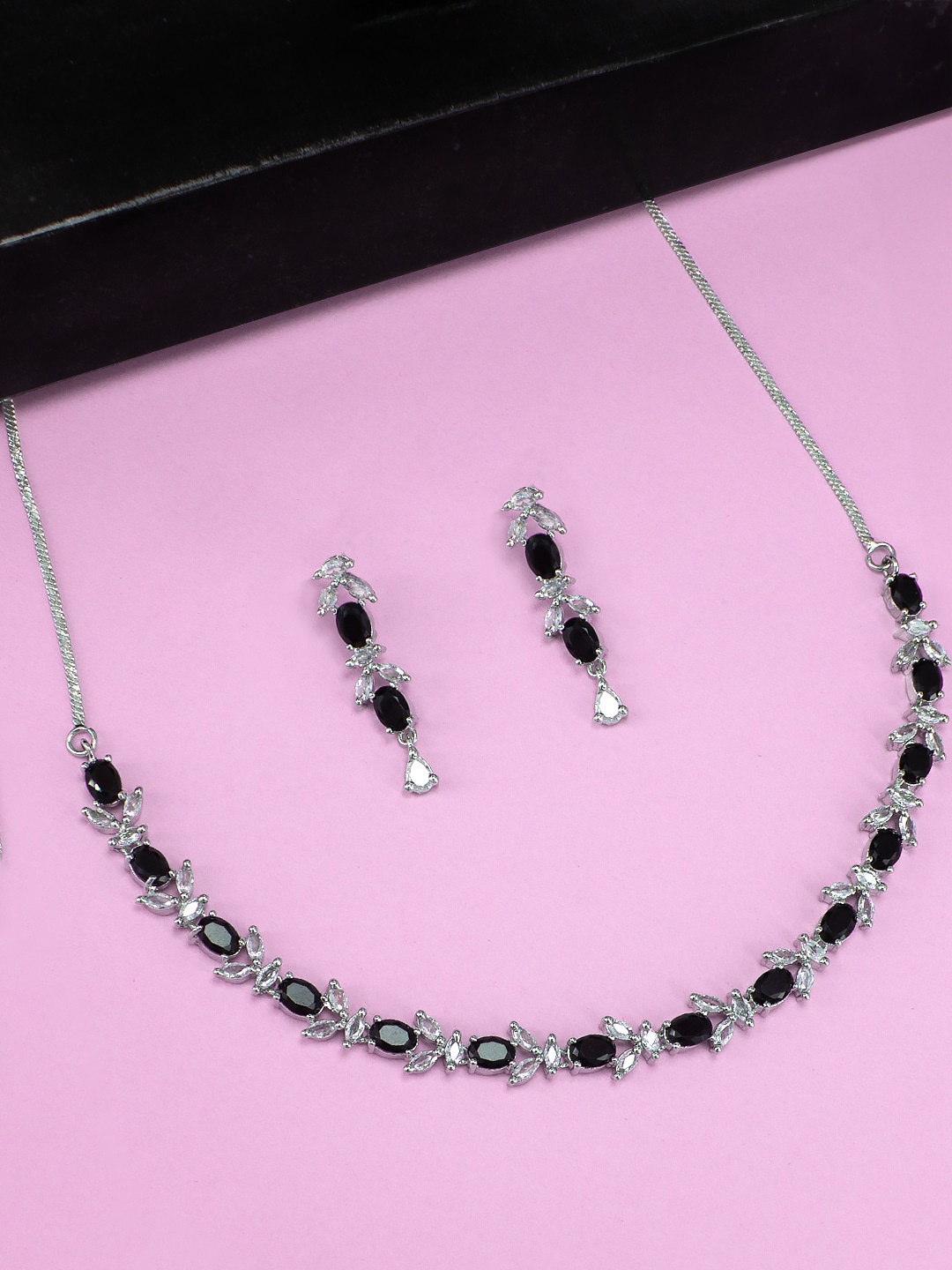 

PRIVIU Rhodium Plated American Diamond Studded Jewellery Set, Silver