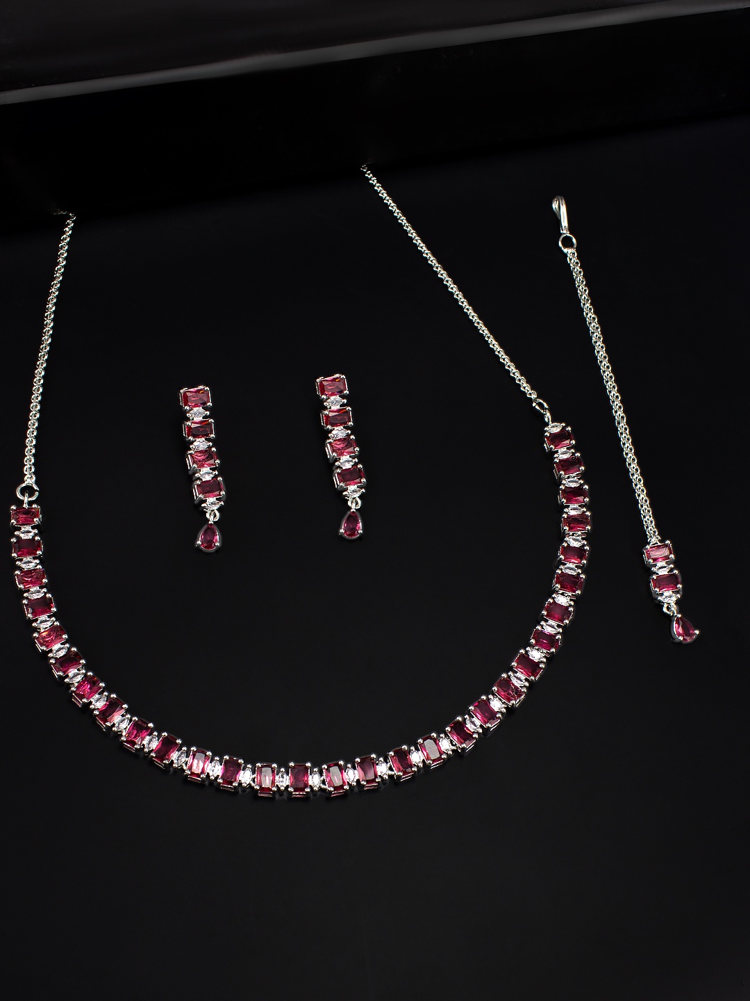 

PRIVIU Rhodium-Plated AD Studded Jewellery Set, Red