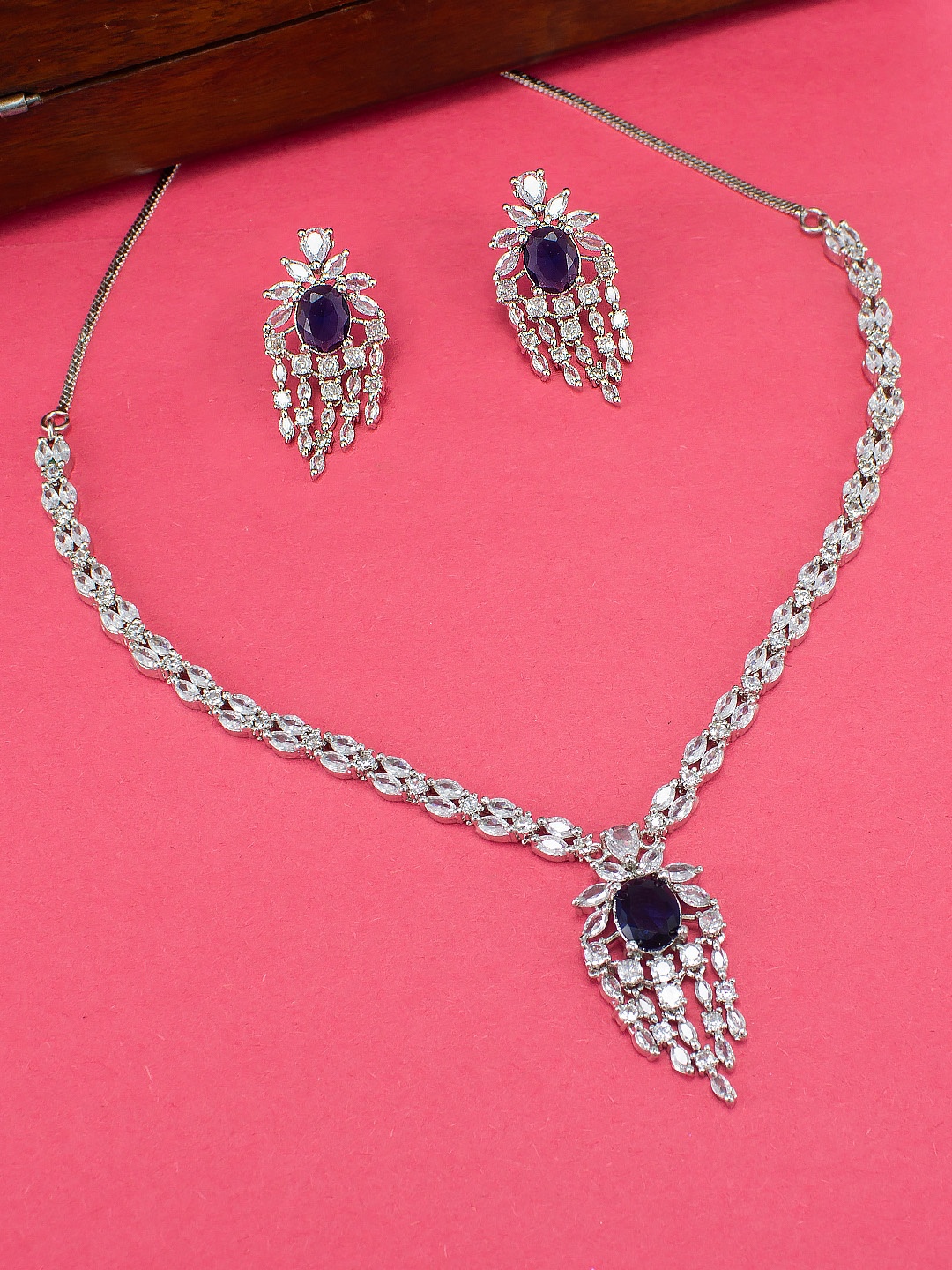 

PRIVIU Rhodium-Plated AD Studded Jewellery Set, Silver