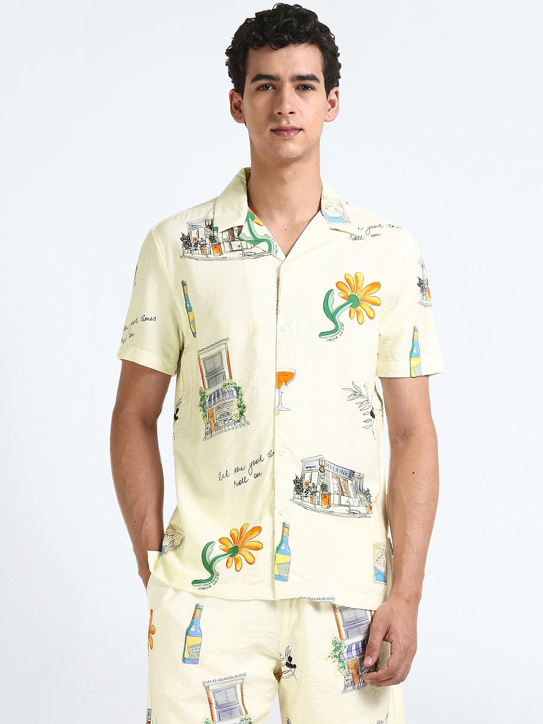 

Flying Machine Graphic Printed Cuban Collar Casual Shirt, Beige
