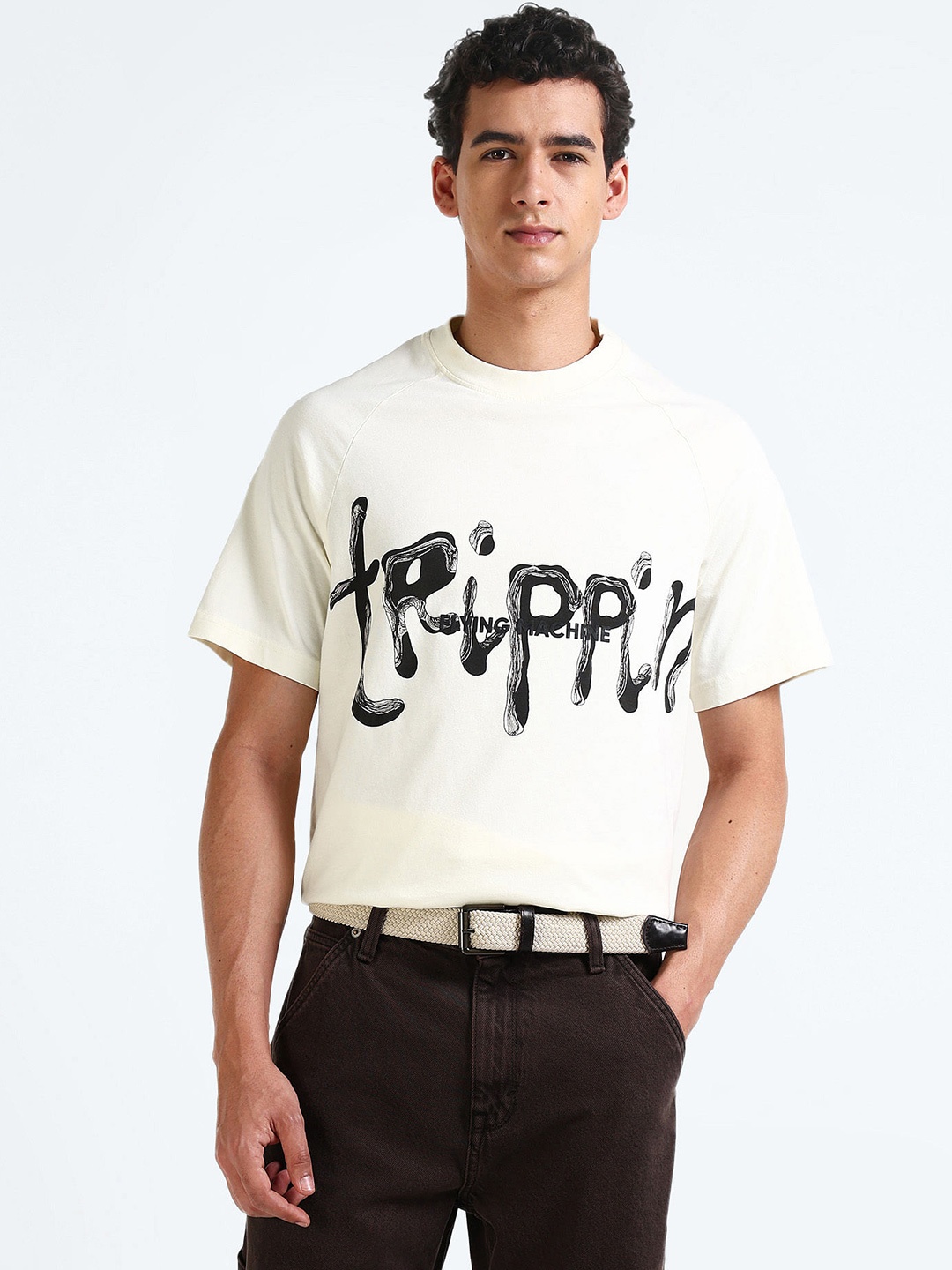 

Flying Machine Typography Printed Oversized Cotton T-shirt, White
