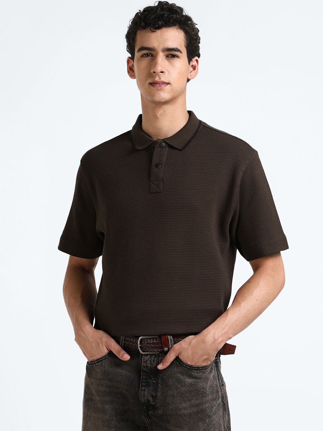 

Flying Machine Textured Polo Collar Cotton T-shirt, Brown