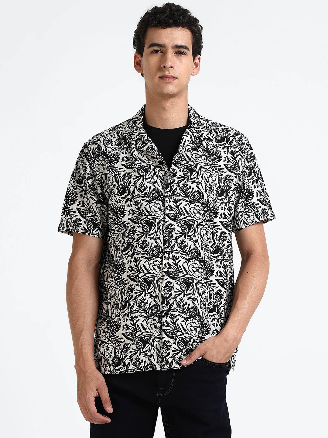 

Flying Machine Tropical Printed Cuban Collar Shirt, Black